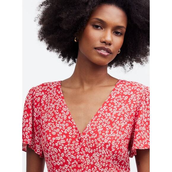Madewell Red White Floral Daisy Short Sleeve V-Neck Button Down Mini Sun Dress 4 - Picture 3 of 9